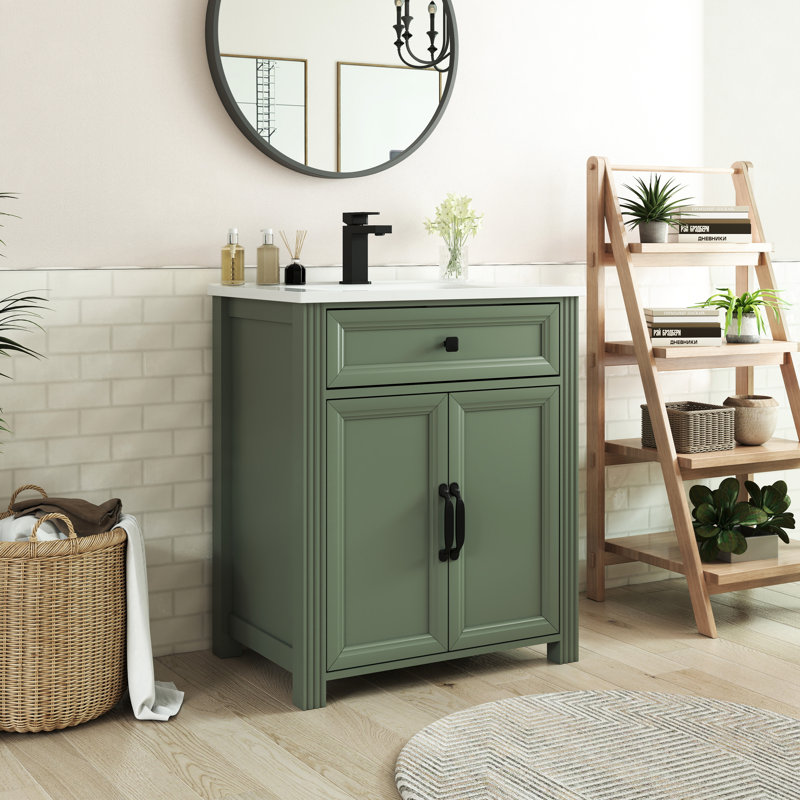 Meuble-lavabo autoportant de style milieu du siècle de 71 cm (28 po) avec lavabo en céramique et rangement, Vert