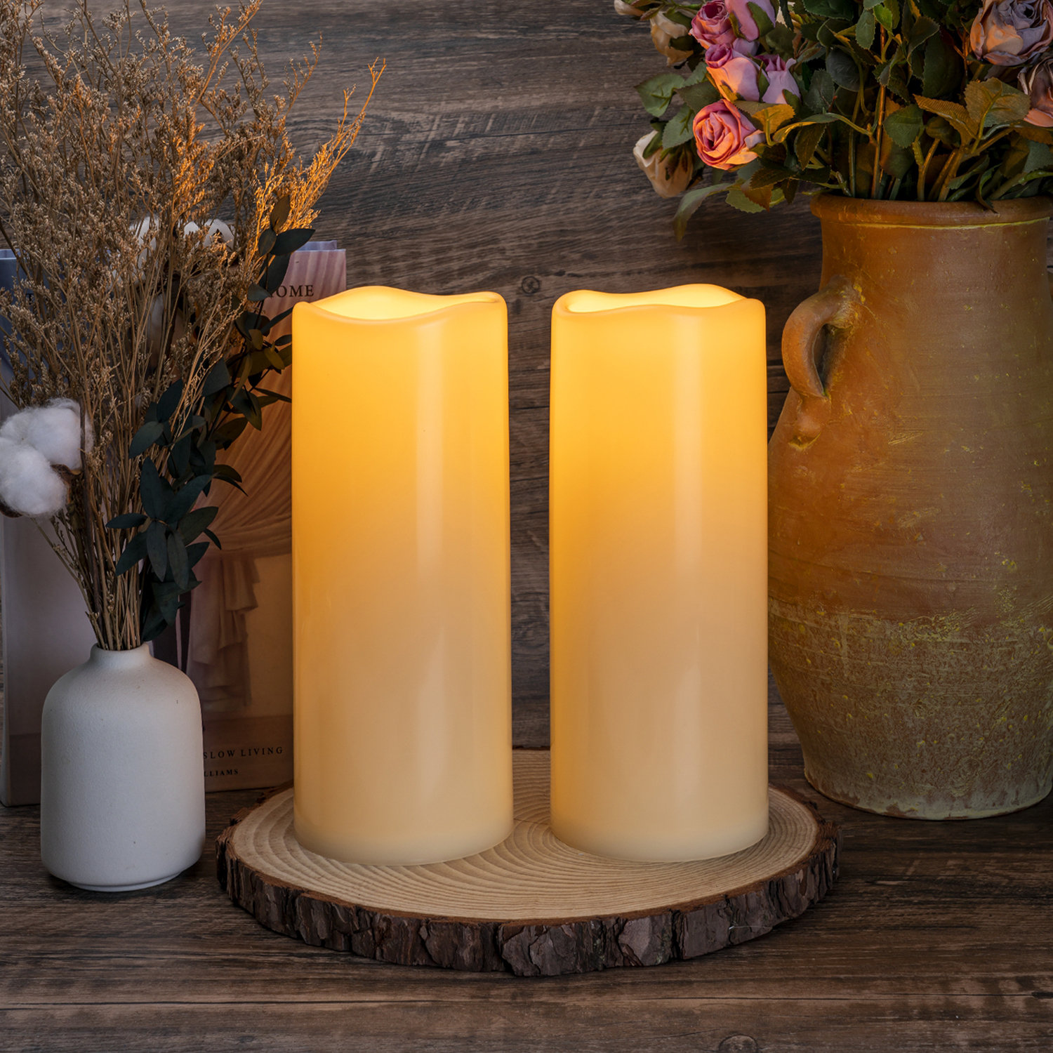 2 Piece Waterproof Outdoor Flameless Pillar Candles With Remote And Timers (Warm Yellow Light)