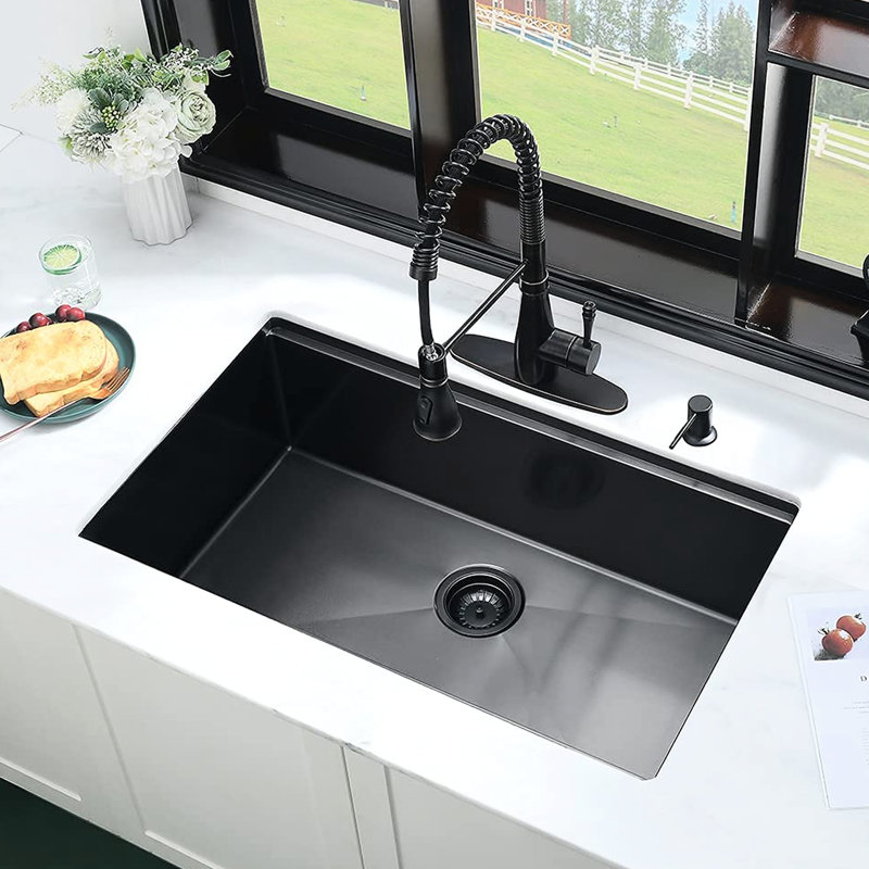 Évier de cuisine encastrable L 32 po x l 19 po, acier inoxydable T304, rouille et bosselée, cuves profondes, système de drainage à rainures, rembourrage anti-rayures noir