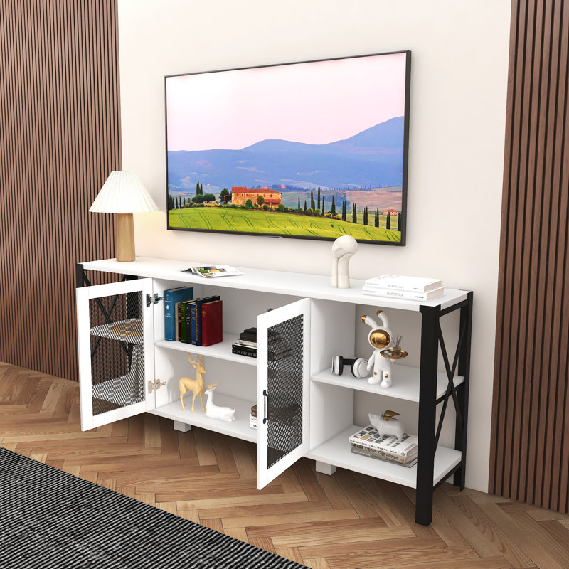 Meuble télé 80 po pour salon, console multimédia de style campagnard avec tablettes ouvertes et rangement en filet, noyer