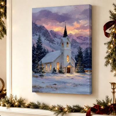 Église de campagne sous la neige - Tableau représentant une scène de chapelle hivernale, impression sur toile tendue de 61 cm x 41 cm, prête à être accrochée dans un salon, une chambre ou un coin prière.