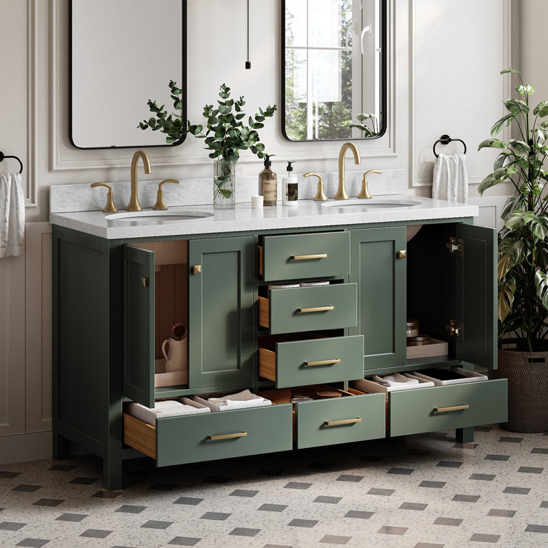 Amariani 61'' Double Bathroom Vanity with Carrara Marble Top, Vintage Green / Satin Brass