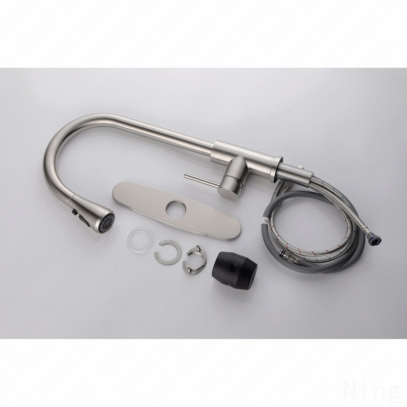 Robinet d'évier de cuisine à poignée simple avec douchette extractible, Nickel brossé