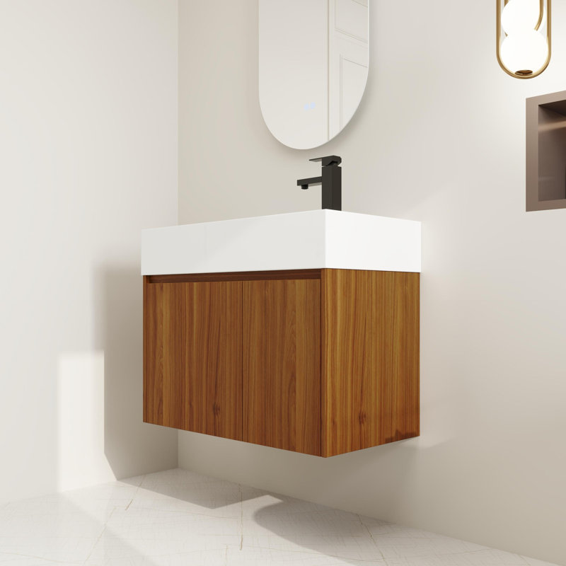 Ensemble de meuble-lavabo mural simple 30 po avec lavabo en résine et meuble-lavabo flottant 2 portes, ChuanPu