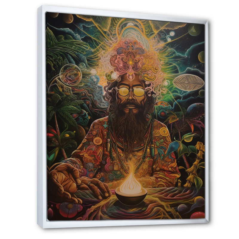 Chaman contemporain Amazon Sagesse sur toile, Cadre flottant blanc, H 40 po x l 30 po