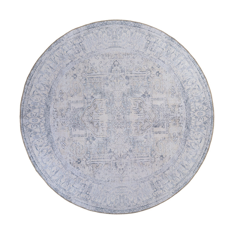 Griffey Oriental Machine Washable Blue/Ivory Non-Slip Backing Area Rug, Round 7'10"