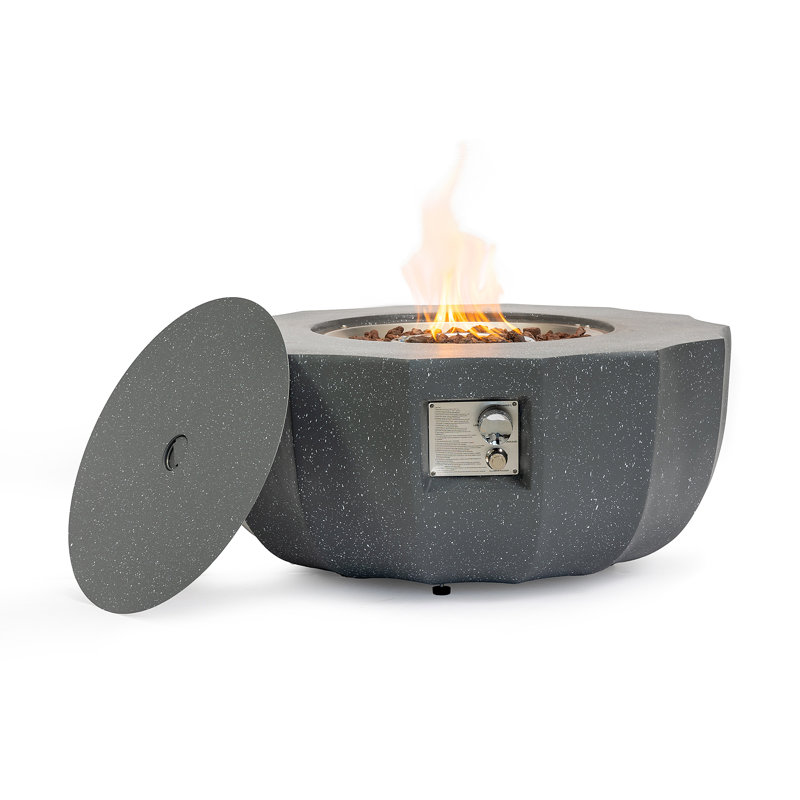 Table de foyer d'extérieur au propane en béton 16 po H * 36 po de style Lotus avec couvercle et brûleur SS 50 000 BTU, Gris