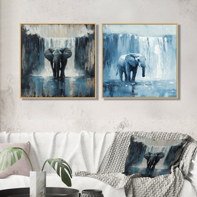 Éléphant monochrome et la cascade I - art mural animal éléphant - ensemble d'art mural moderne 2 pièces