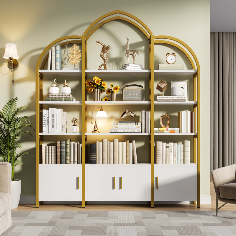 Triple Wide 5 Tier Tall Arched Bookshelf And Bookcase With 3 Cabinets, Industrial Metal Etagere Open Bookshelf, Rustic Wood Standing Book Shelf With Black Metal Frame For Bedroom Living Room, Gold