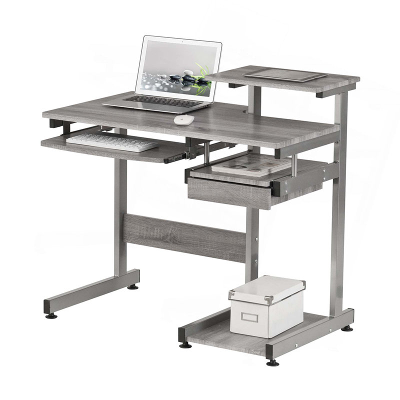 Sleek Gray MDF and Steel Compact Computer Desk with Drawers