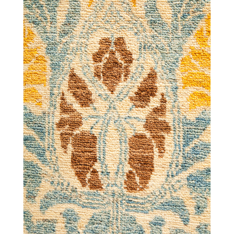 Ivory and Blue Hand-Knotted Wool Damask Area Rug