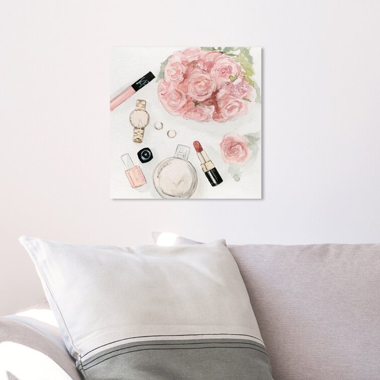 Blush & Gold Books, Make Up Set And Roses Throw Pillow By Amanda