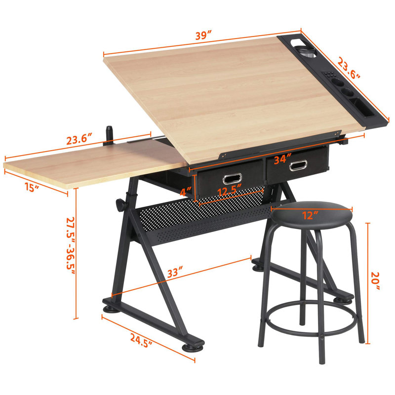 Height Adjustable Drawing and Drafting Table, Wood