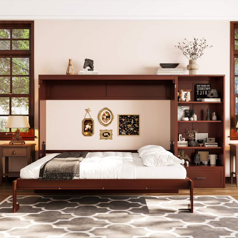 Queen Murphy Bed With Adjustable Shelves & Drawer | Space-Saving Wall Bed, Walnut