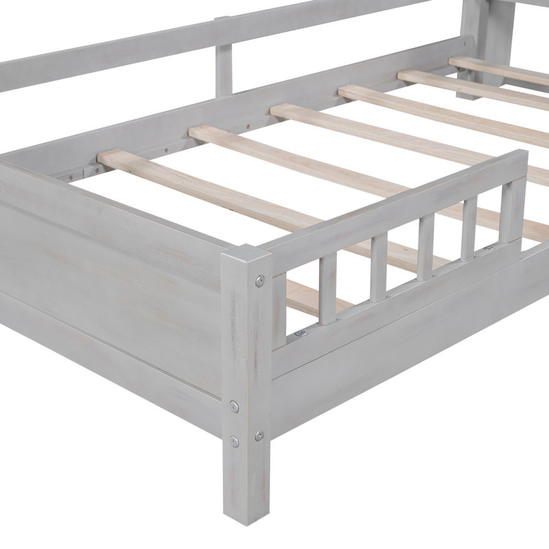 Lit plateforme gris antique avec structure en bois massif, rangement pour tête de lit, garde-corps à DEL et garde-corps pour un repos et un rangement confortables