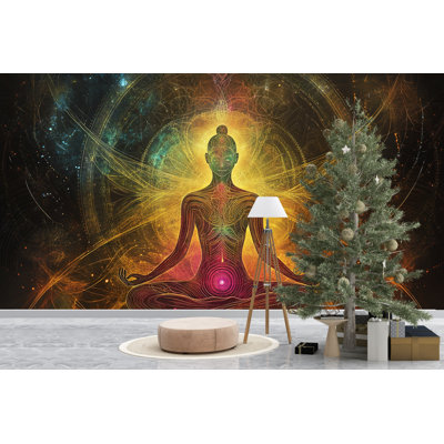 Papier peint à géométrie sacrée avec un humain méditant, un champ d'énergie rayonnante, une conception d'aura spirituelle pour un studio de yoga, une salle de reiki, un décor de méditation de guérison