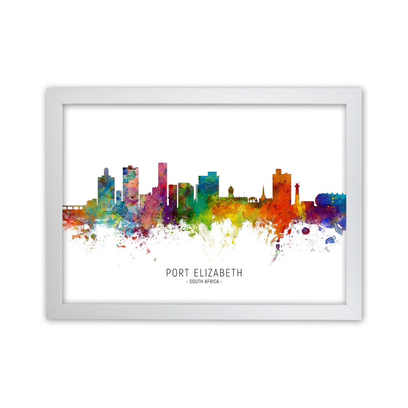 Port Elizabeth South Africa Skyline by Michael Tompsett - Print, 34cm H x 46cm W x 3cm D, White Framed