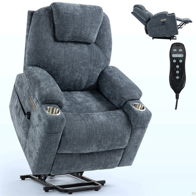 Up To 350 LBS Chenille Power Lift Recliner Chair, Heavy Duty Motion Mechanism With 8-Point Vibration Massage And Lumbar Heating, USB And Type-C Ports, Stainless Steel Cup Holders, Blue