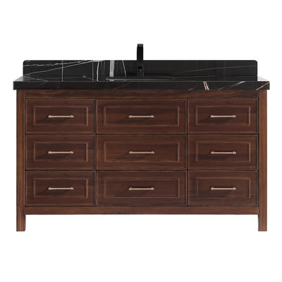 60" EBONY SINGLE SINK VANITY DARK FINISH WITH WK-60S TOP 2" THICK WHITE NATURAL TOP