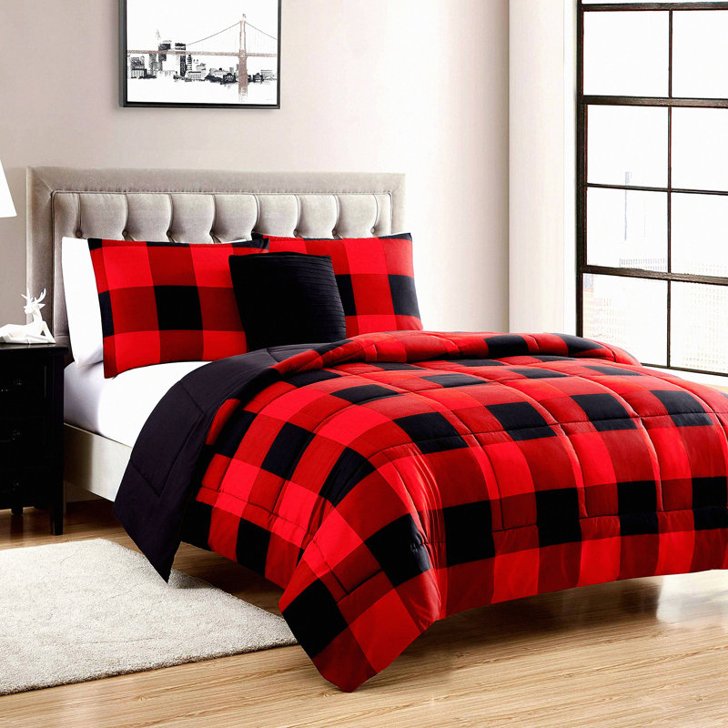 Burgundy Buffalo Check Plaid Reversible Throw Pillow Set - Queen Size with 2 Shams - Rustic Farmhouse Decor - Cozy Home Accent