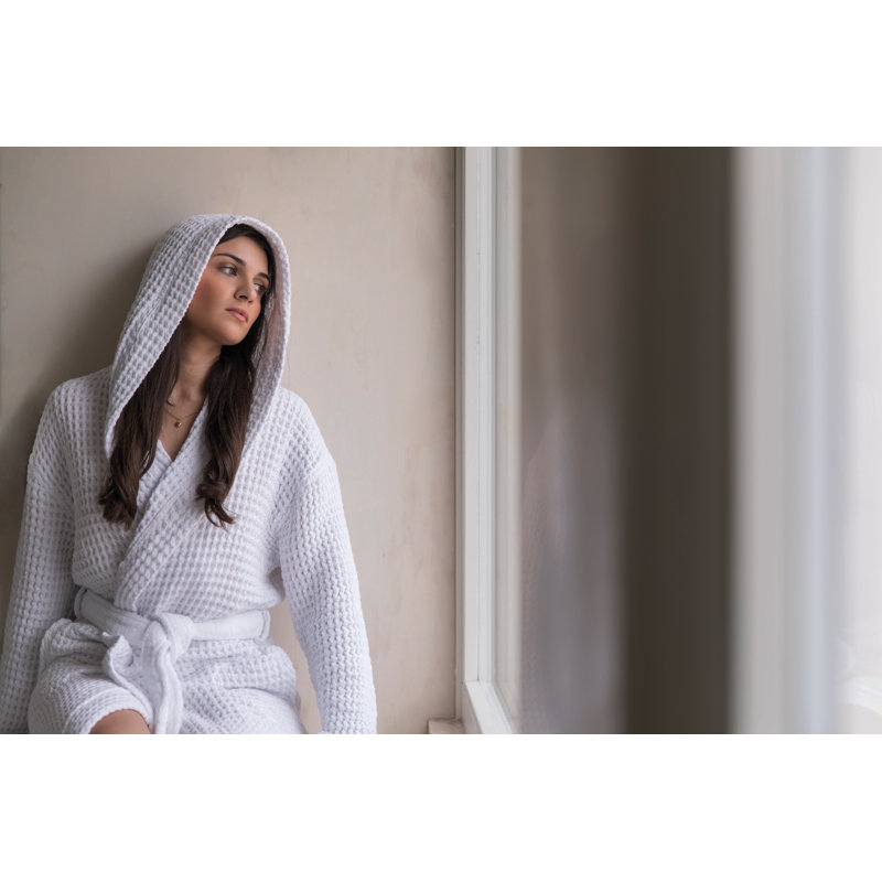 Aura 100% Cotton Waffle Gender Neutral Bathrobe with Hood, White, L