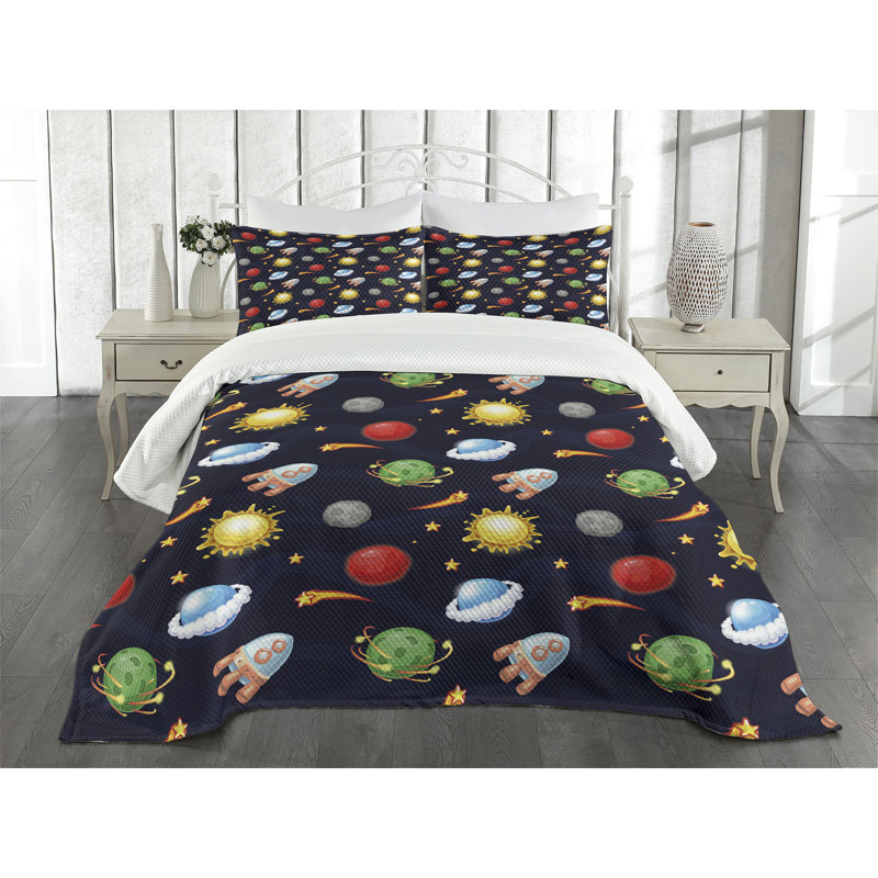 Ambesonne Space Bedspread Set  Cosmos with Sun Planets  Multicolor, King Coverlet / Bedspread + 2 Standard Shams