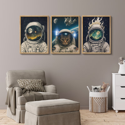 Astronaut Cat Space Framed Wall Art Set of 3 - Cosmic Sci-Fi Astronaut Prints for Bedroom or Game Room Decor
