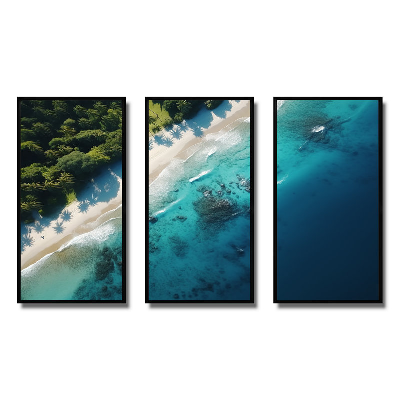 Vue aérienne de plage relaxante VI - Art mural plage, H 28 po x l 36 po x P 1 po, Cadre flottant noir