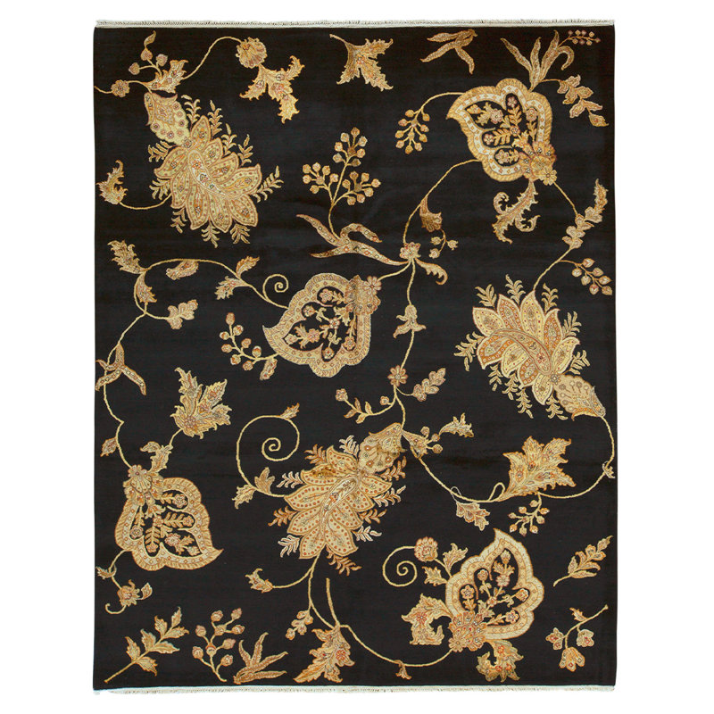 Tapis noir / beige en laine noué à la main de conception unique 8 pi 1 po x 10 pi 1 po New Age