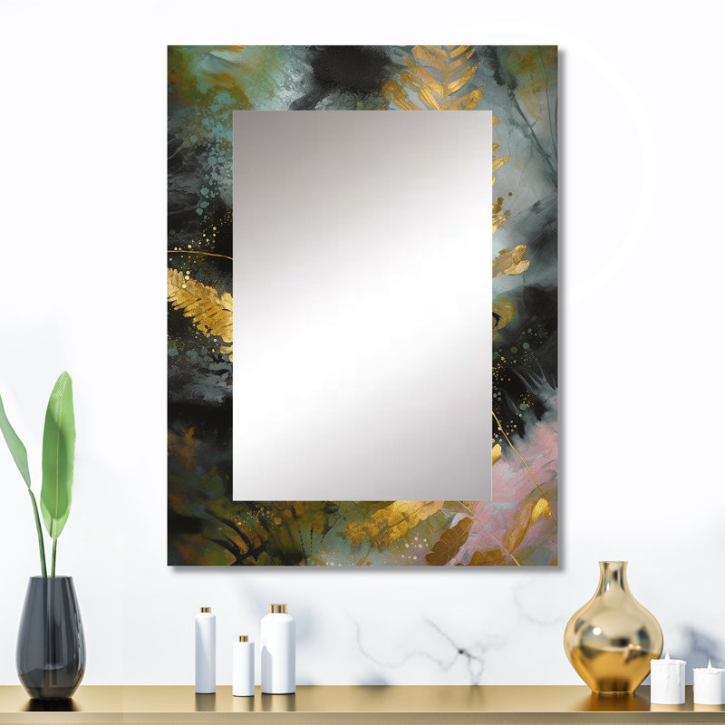 Gold Fern Whispers - miroir mural décoratif fougères, miroir moderne, impression d'art en métal, 32 po x 24 po