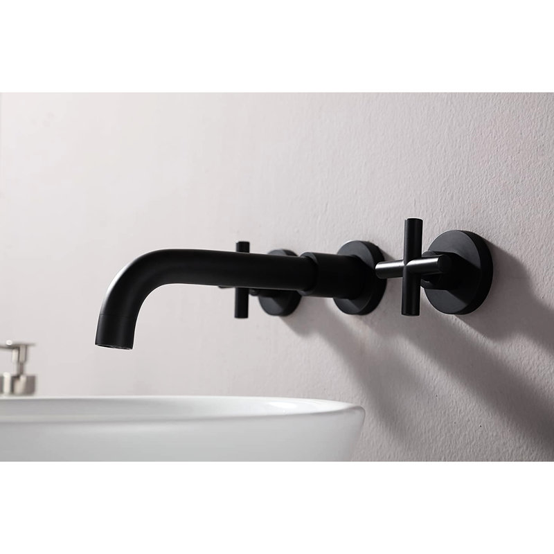 Double Handle Wall Mounted Bathroom Faucet Matte Black - Rust & Corrosion , Scratch Tarnish Spot Finish 1.5 Gpm Flow Rate 8'' Spout Height, 7'' Reach 3'' Centers Includes Deck Plate, Drain Assembly