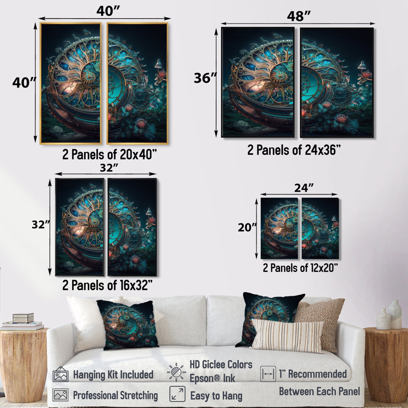 Bioluminescent Spiral Oceanic Astrolabe II - art mural bleu, H 32 po x l 32 po, Impression encadrée flottante, Brun