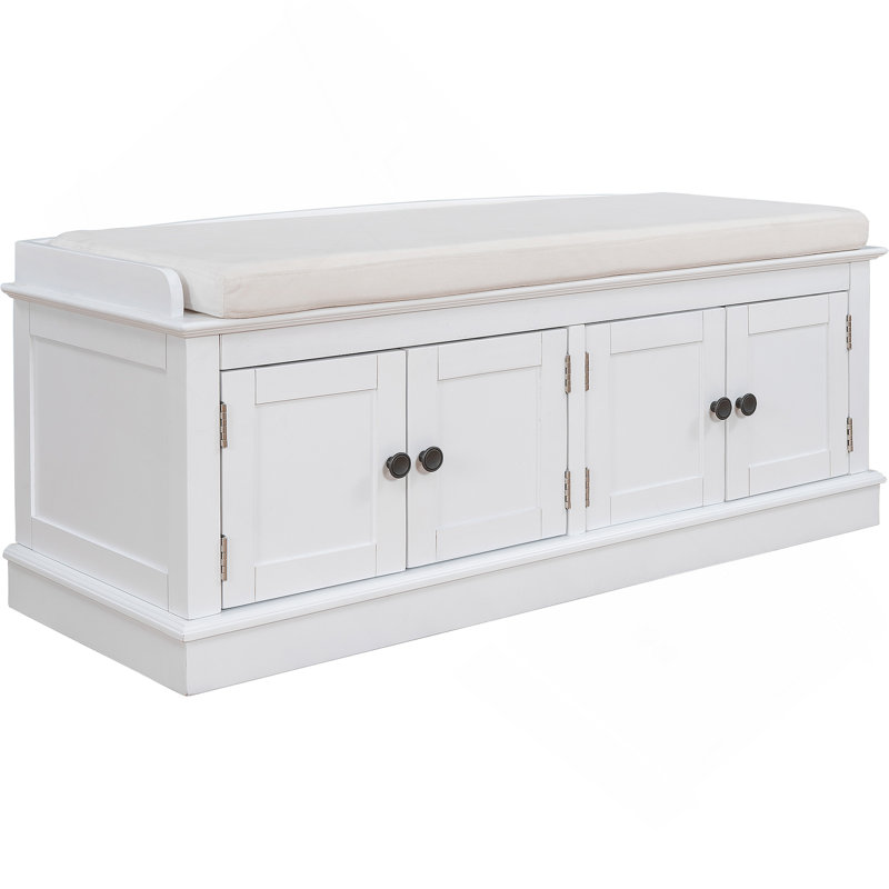 Hippolytus 42.7"Wood Storage Shoe Bench with 4 Doors and Adjustable Shelves and Removable Cushion, White