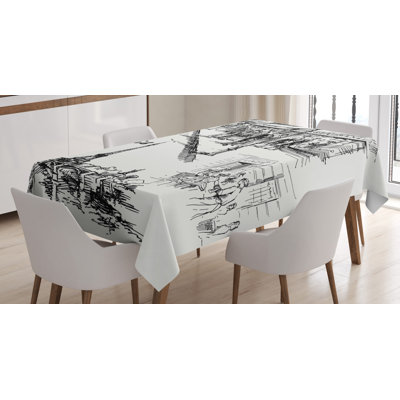 Ambesonne Eiffel Tower Tablecloth, Paris Sketch Style Cafe Restaurant Landmark Canal Boat Lantern Retro Print, Rectangular Table Cover For Dining Room Kitchen Decor, 60" X 90", Black White