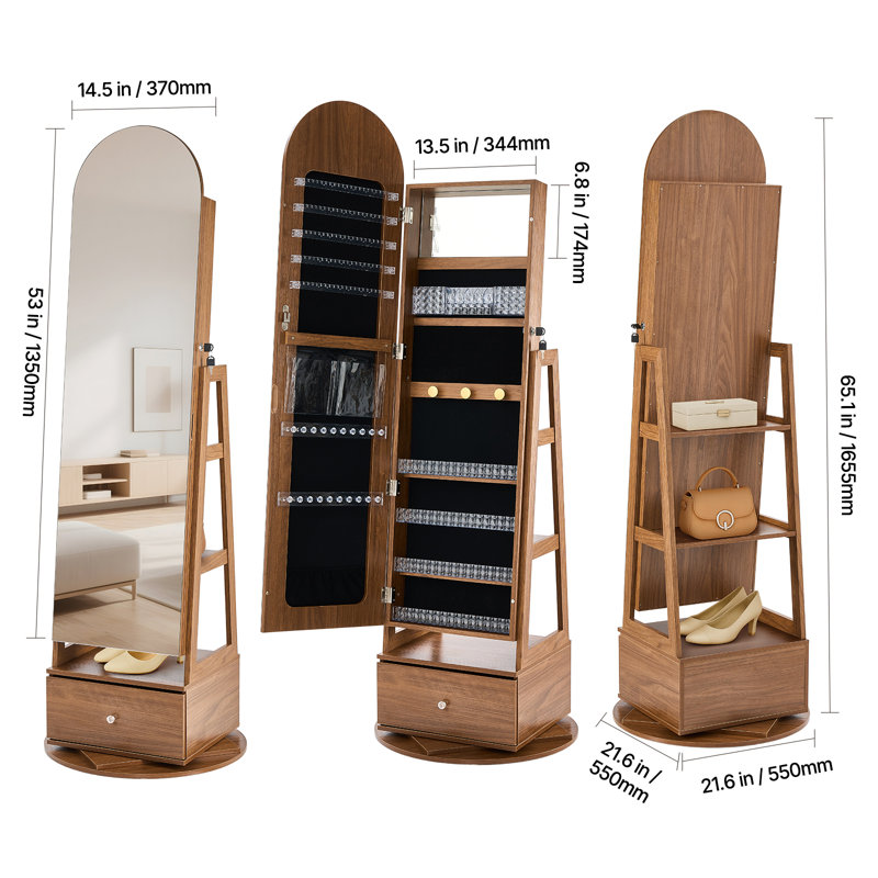 Armoire à bijoux rotative à 360 °, miroir pleine longueur de 65,1 pouces de hauteur avec rangement, organisateur de bijoux autoportant, verrouillable avec clés, compartiments à accessoires, tablettes et tiroir