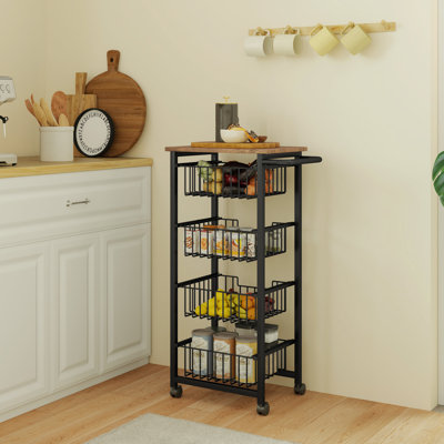 HOMCOM 4-Tier Kitchen Trolley on Wheels with Marble-Effect Top Oak