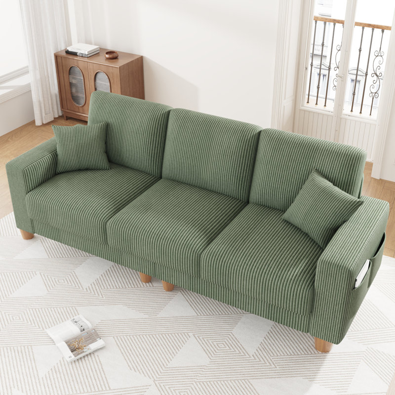 Oversize Sofa 256cm Corduroy Sofa with 3 Seats, No Tool Assembly,Solid Wood Frame and Solid Wood Legs, Green
