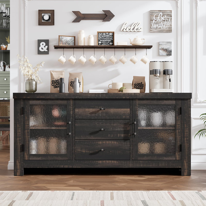 54.4" Buffet Sideboard, Accent Storage Cabinet with 2 Glass Doors & 3 Drawers, Coffee Bar Table, TV Stand for Living Room, Kitchen, Dining Room, Black