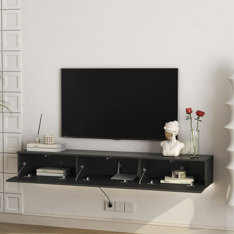 Meuble télé noir flottant mural avec 16 couleurs, 67 po pour 55 60 65 po, Noir