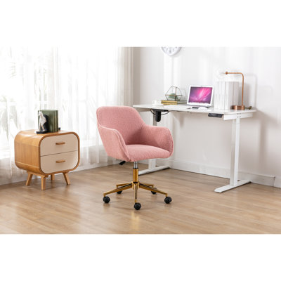 Chaise de bureau à domicile fabriquée en tissu rose, pivotant à 360 degrés, à hauteur réglable, avec pieds en métal doré et tissu à roulettes universel