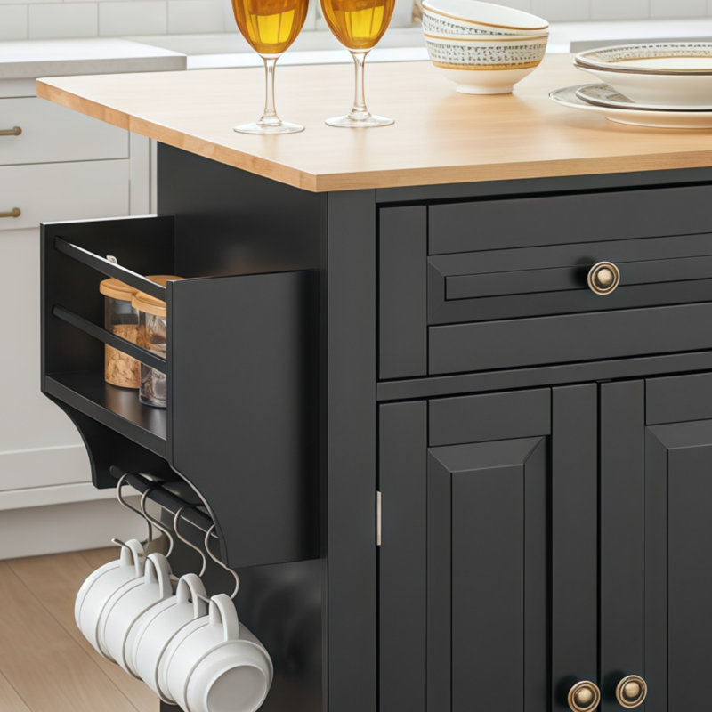  Farmhouse-Style Folding Kitchen Cart Is Portable, With A Large Cutting Board Countertop, And Includes Storage Cabinets, Drawers, And Shelves/Spice Racks.