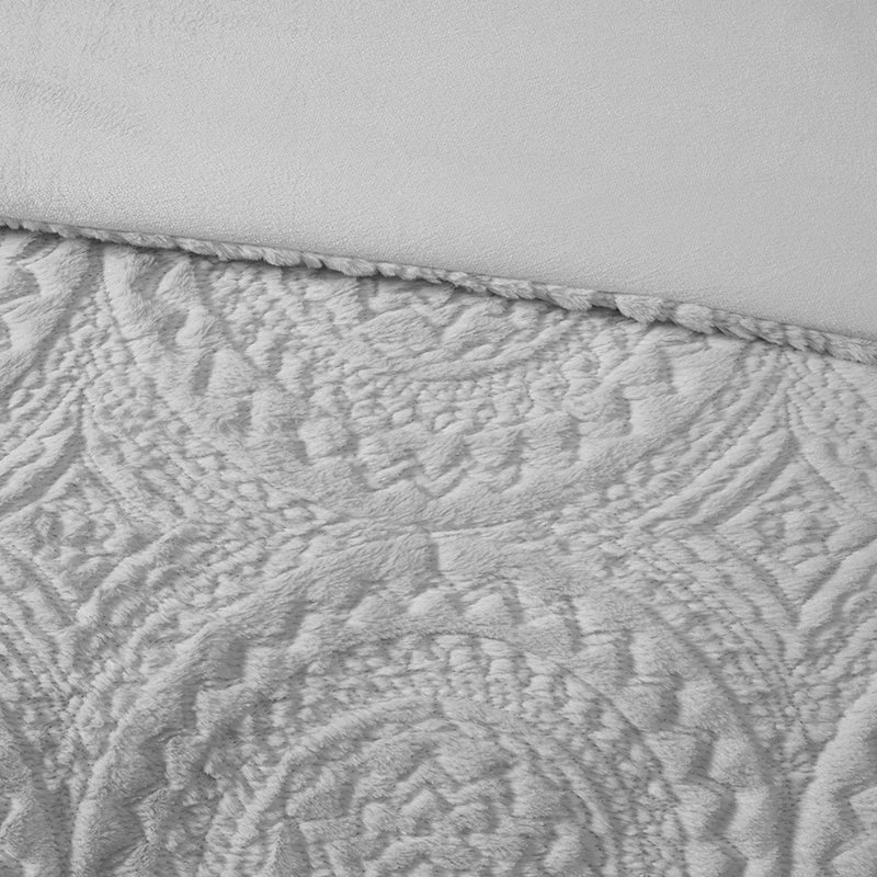 Édredon très grand / très grand avec fausse fourrure - gris, médaillon brodé, mini gris ultra