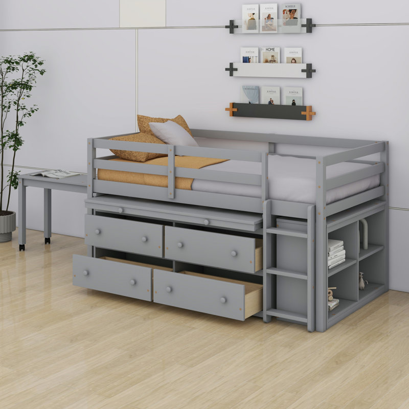 Lit mezzanine avec bureau d'écriture rétractable et tiroirs, lit mezzanine avec bureau portatif latéral et tablettes, gris