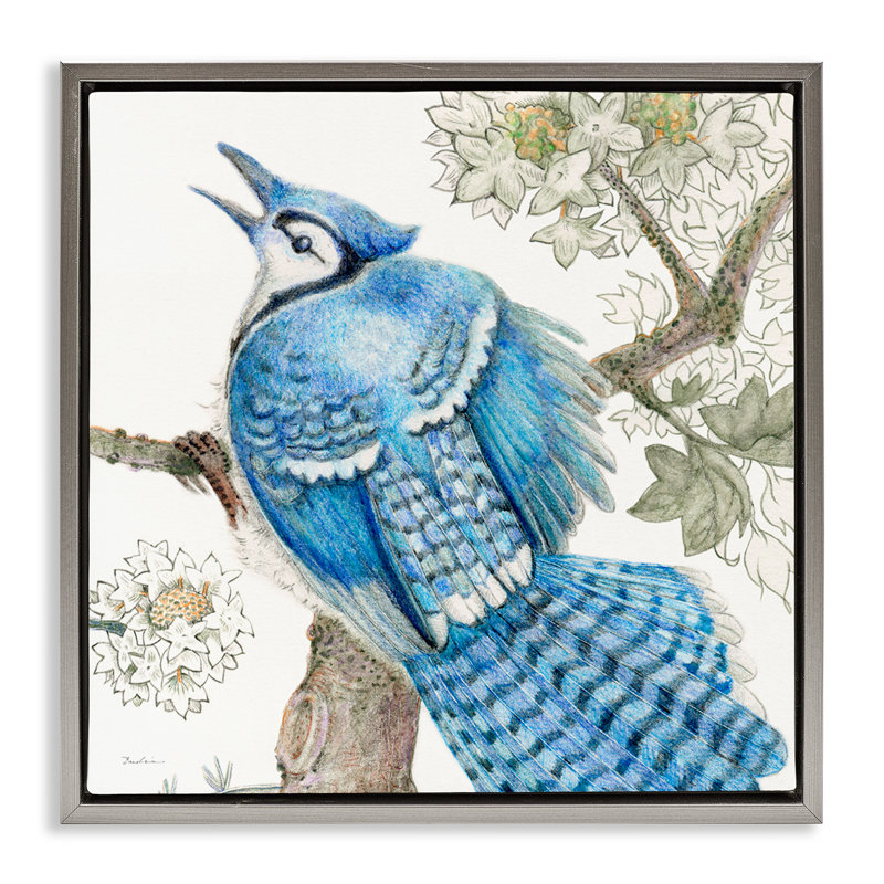 "Rhododendron & Blue Jay Brown", art mural sur toile flottante par Evelia Designs, Cadre flottant gris lustré