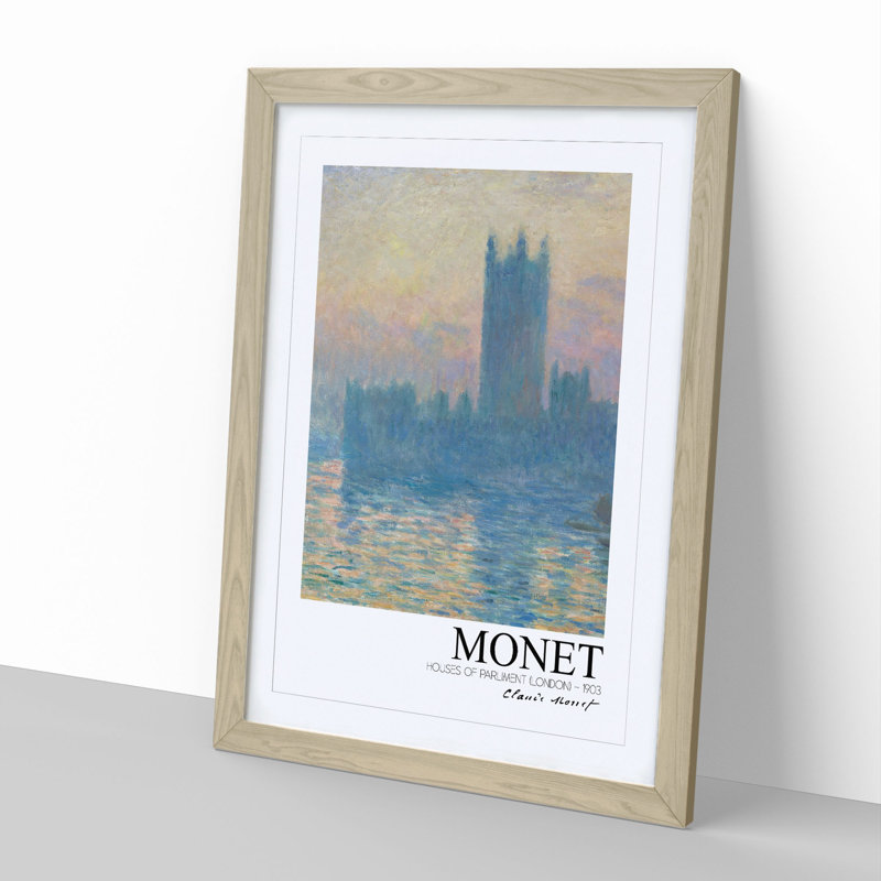 Houses of Parliament with Border by Claude Monet - Picture Frame Painting, 65cm H x 48cm W x 2cm D, Oak Framed