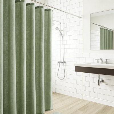 Sage Green Linen Shower Curtain, Boho Farmhouse Rustic Vintage Country Bath Decor, 72X72