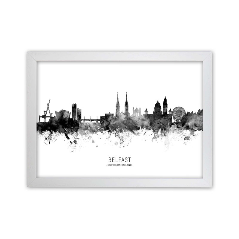 Belfast Northern Ireland Skyline Black White City Name by Michael Tompsett - Print, 64cm H x 88cm W x 3cm D, White Framed