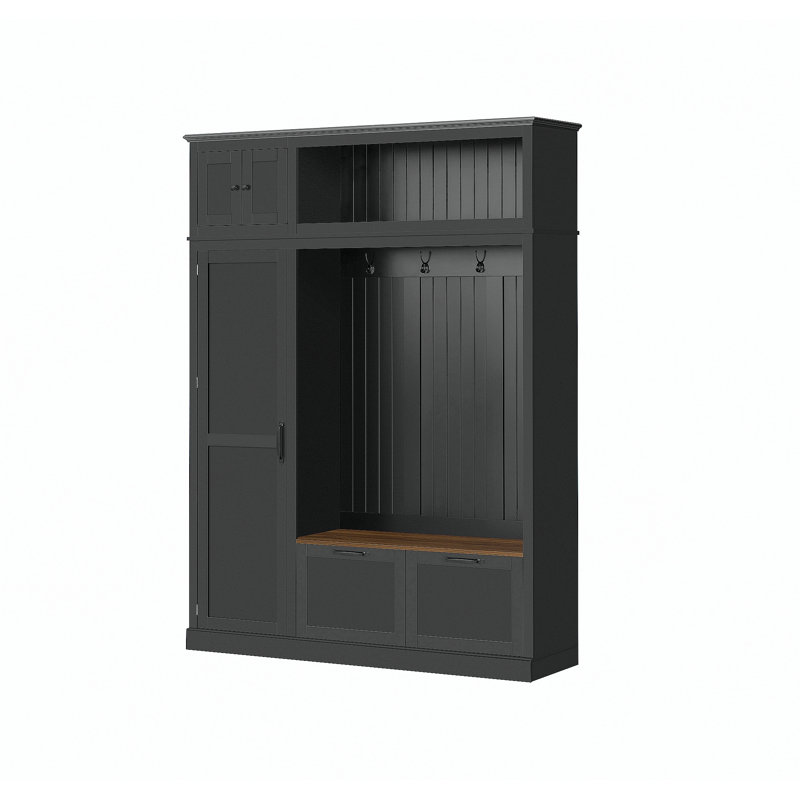 3-in-1 Hall Tree with Overhead Storage Cabinet, 3 Adjustable Side Shelves, 4 Heavy-Duty Hooks, 2 Spacious Drawers, Grooved Back Panel Design, Contrasting Seat Bench, Multifunctional Entryway Organizer