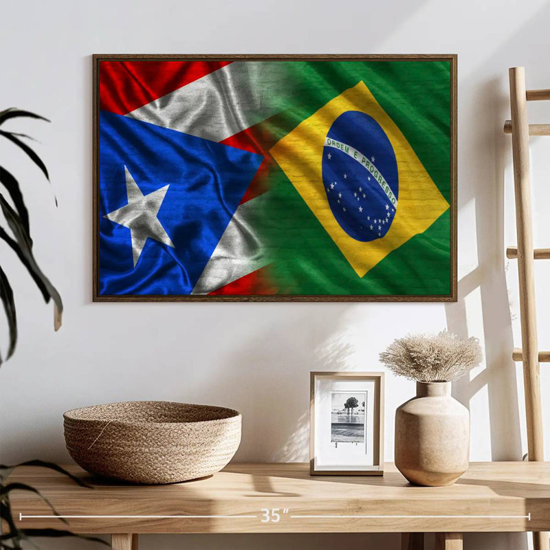 Puerto Rico And Brazil Flags, 25" X 17", Floating Frame Walnut