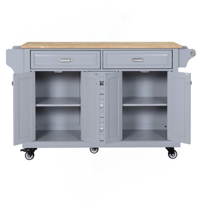 Kitchen Island With Rubber Wood Countertop, Kitchen Cart On 5 Wheels With Storage Cabinet And 5 Drawers For Dinning Room